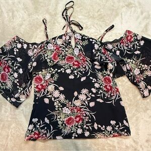 New York & Company Black Floral Cold Shoulder Blouse